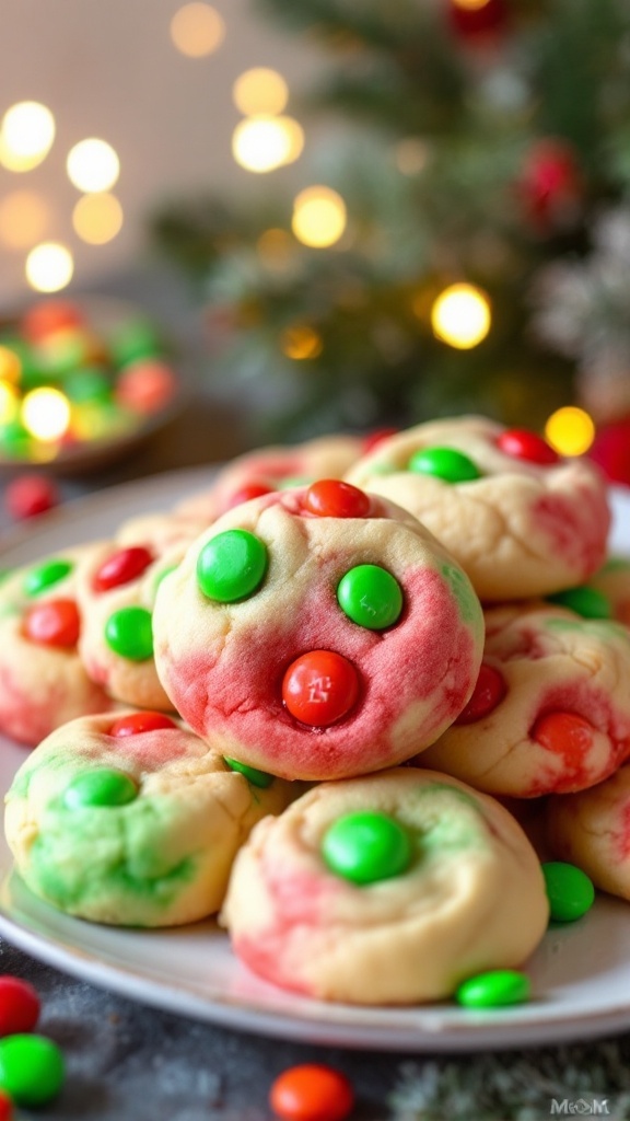 Festive M&M Christmas Cookie Recipe A festive plate of M&M Christmas cookies with red and green candies, set against a holiday backdrop.
